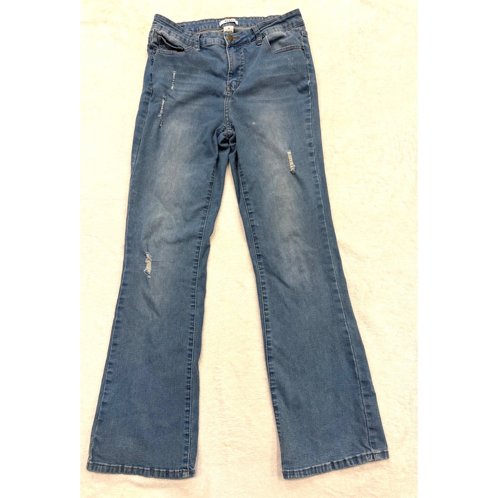 Bleu Womens Distressed Flare Jeans Medium Wash Stretch Denim Size 12